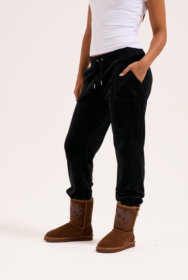 BLACK SLIM CUFFED CLASSIC VELOUR TRACK PANTS