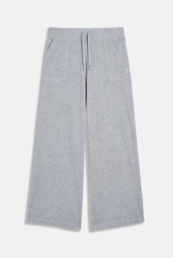 Displays the silver marl wide leg 'Juicy' branded cotton velour track pant