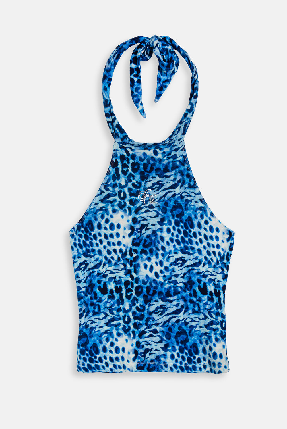 Displays the Blue Leopard print 'Juicy' branded jersey halter neck top 