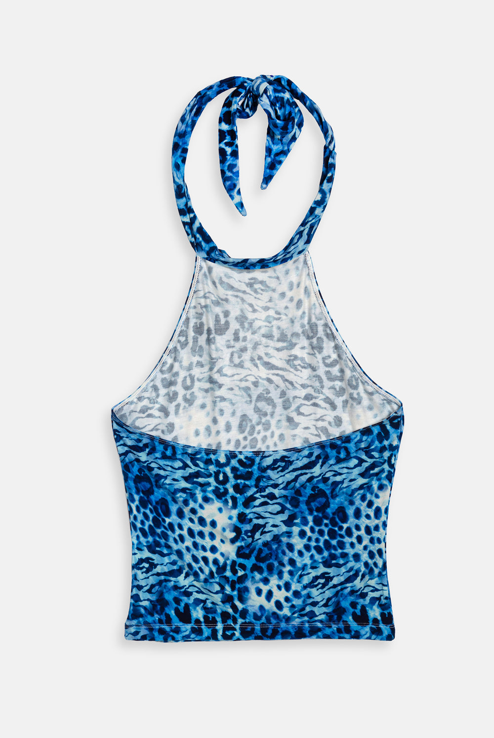Displays the Blue Leopard print 'Juicy' branded jersey halter neck top 