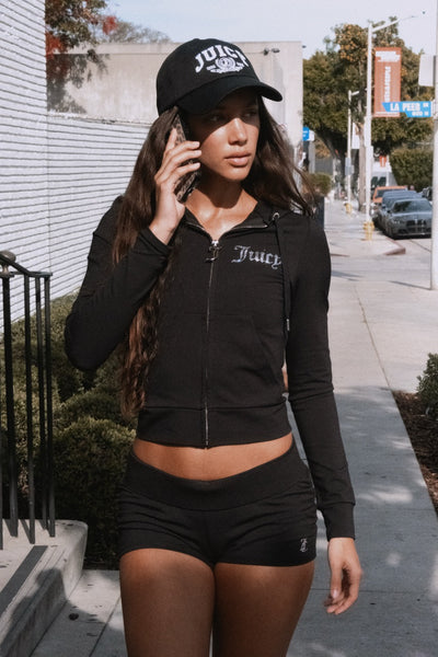 BLACK DIAMANTÉ LUXURY JERSEY ZIP-THROUGH HOODIE