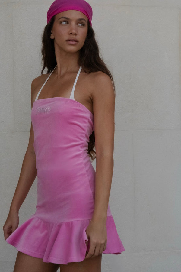 SUPER PINK SUPER PINK BANDEAU RUFFLE VELOUR DRESS – Juicy Couture UK