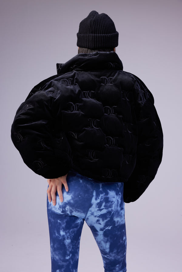 Juicy Couture velour monogram logo puffer jacket in black