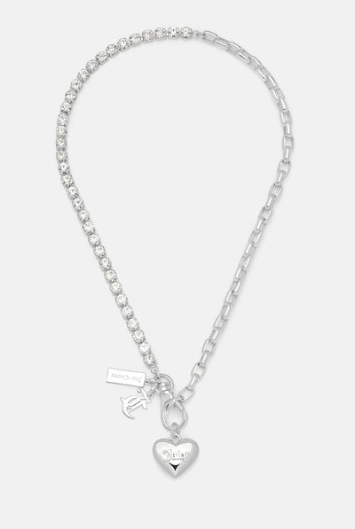 SILVER PAVÈ CRYSTAL CHOKER NECKLACE WITH HEART PENDANT
