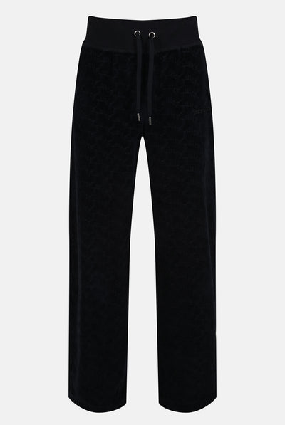 BLACK WIDE LEG ARCHED MONOGRAM LUXE VELOUR TRACK PANT