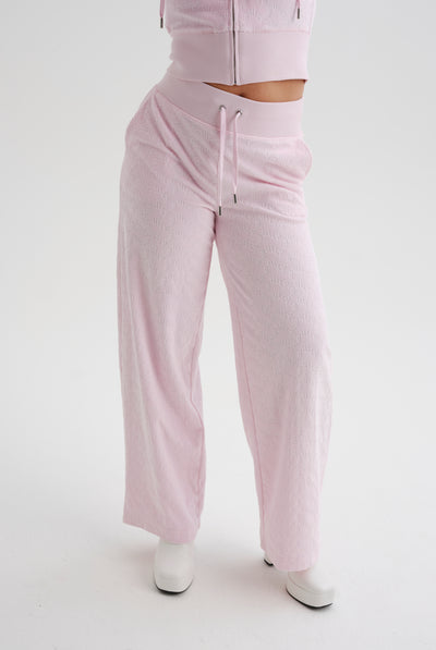 CHERRY BLOSSOM WIDE LEG ARCHED MONOGRAM LUXE VELOUR TRACK PANT