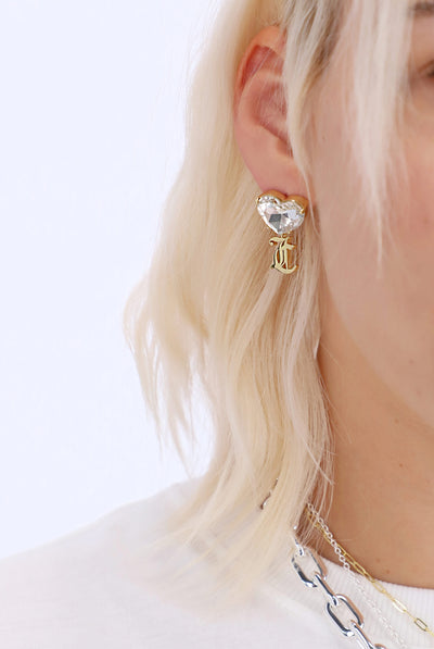 CLEAR CRYSTAL HEART WITH GOLD JC DROP EARRINGS