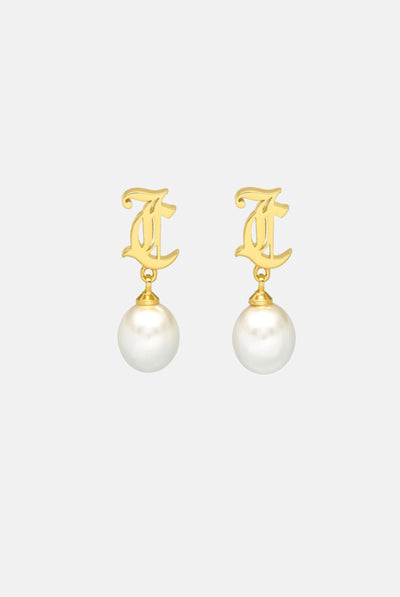 GOLD JC STUDS WITH PEARL DROP