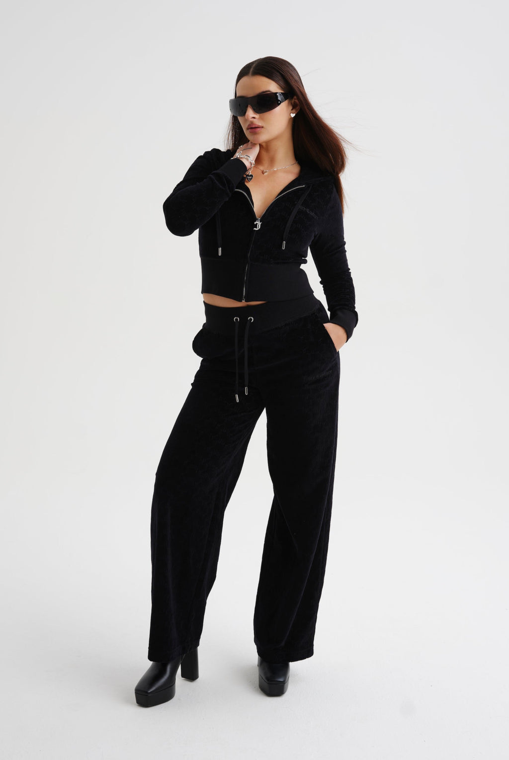 BLACK WIDE LEG ARCHED MONOGRAM LUXE VELOUR TRACK PANT