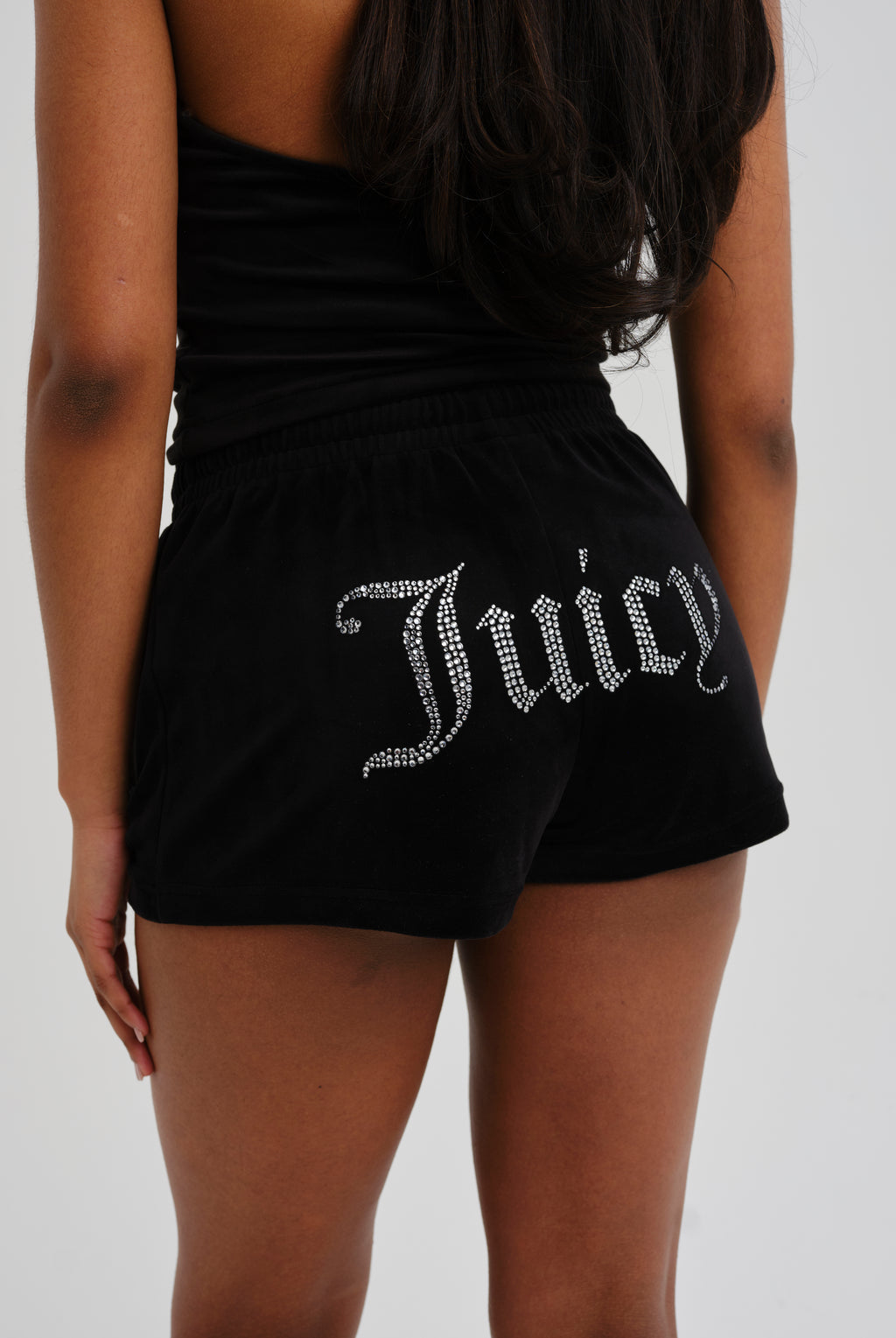 BLACK VELOUR DIAMANTÉ TRACK SHORTS