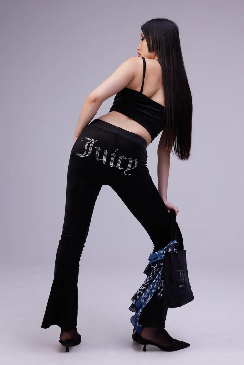 BLACK VELOUR DIAMANTE FLARED PANTS – Juicy Couture UK